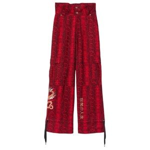 New Python Red snake print dragon embroidery Cargo Pant wide leg paper bag waist